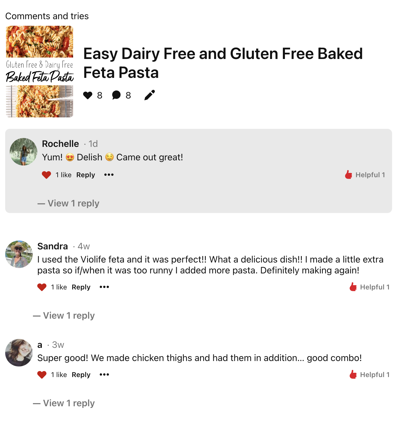 A screenshot captures the vibrant "Easy Dairy Free and Gluten Free Baked Feta Pasta" recipe post. User comments bubble with praise, hailing the dish as a triumph in delicious simplicity.
